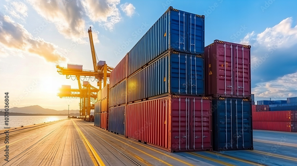 Fototapeta premium Shipping containers stacked at freight station during sunset