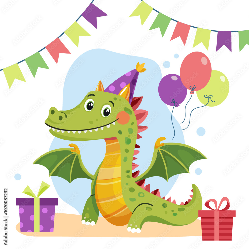 Obraz premium Postcard with cute little dragon in festive surroundings. Balloons, flags, gifts. Children's colorful character. Happy birthday. Vector illustration