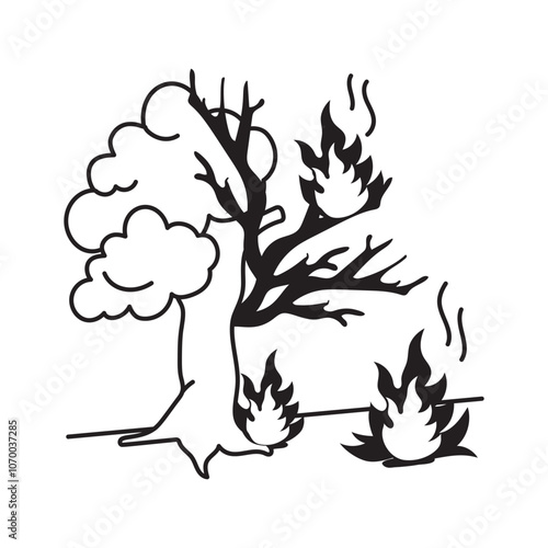 Burning tree symbolizing the impact of wildfires on the environment