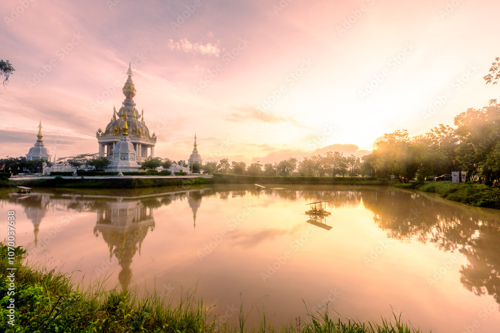 Naklejka premium The background of an important tourist attraction in Khon Kaen Province (Wat Thung Setthi) is a large pagoda in the middle of a swamp, tourists always come to see the beauty in Thailand