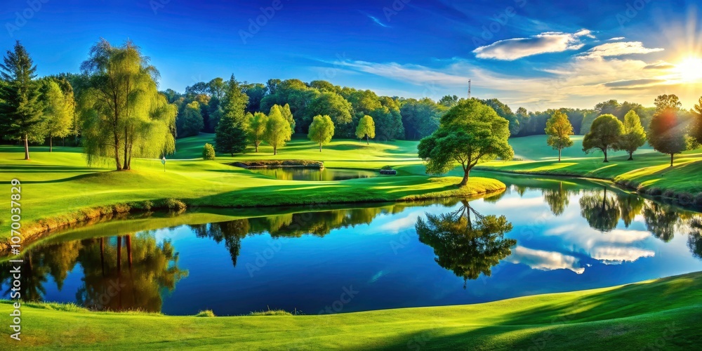 Lush Green Golf Course in Sunlight with Reflective Pond and Trees - Scenic Outdoor Landscape Photography Lush Green Golf Course in Sunlight with Reflective Pond and Trees - Scenic Outdoor Landscape Photography