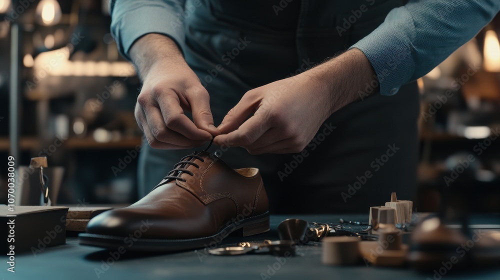Close-up of shoemaker tying leather shoe in workshop Close-up of shoemaker tying leather shoe in workshop