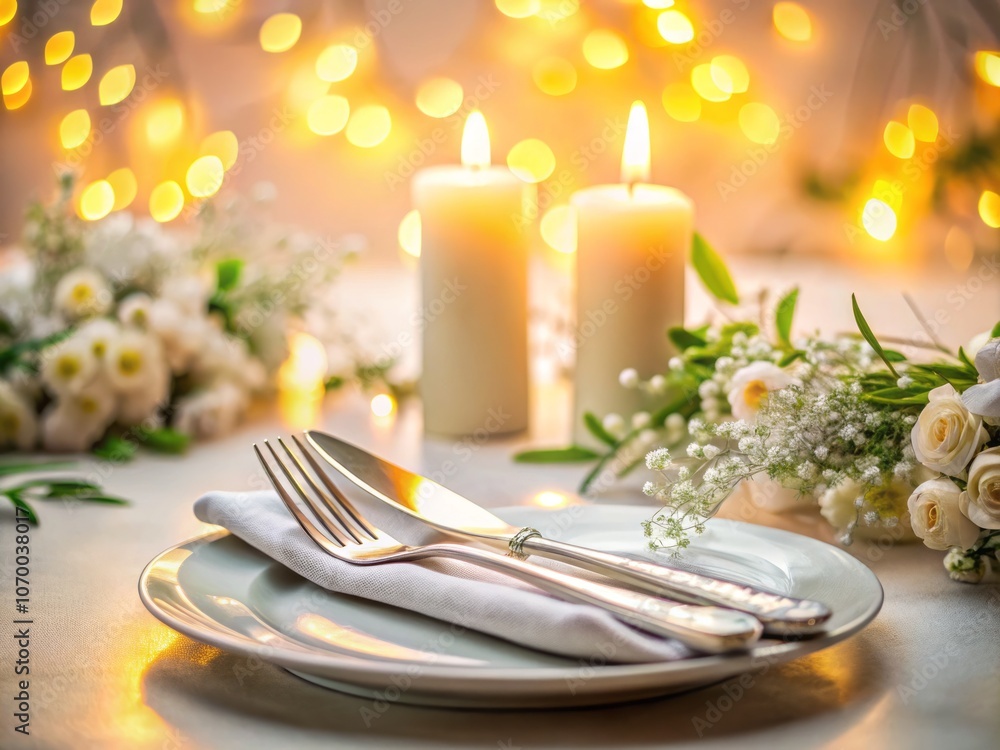 Elegant Minimalist Knife and Fork Set on a Festive Table for Weddings, Birthdays, or Parties with Soft Lighting and Subtle Decorations for a Perfect Celebration Elegant Minimalist Knife and Fork Set on a Festive Table for Weddings, Birthdays, or Parties with Soft Lighting and Subtle Decorations for a Perfect Celebration