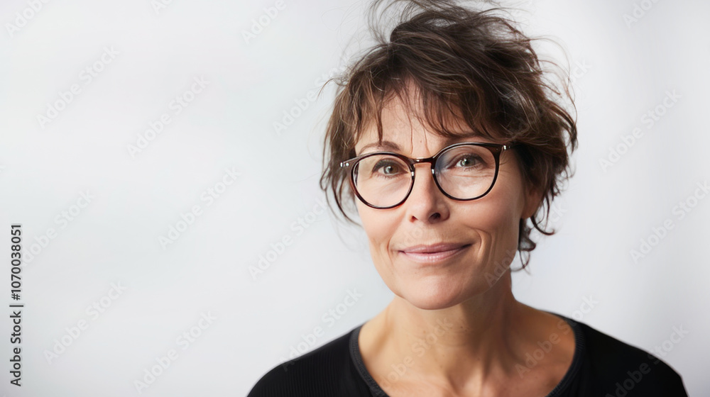 close up portrait mature woman in eyewear, look at camera. Copy space for text close up portrait mature woman in eyewear, look at camera. Copy space for text