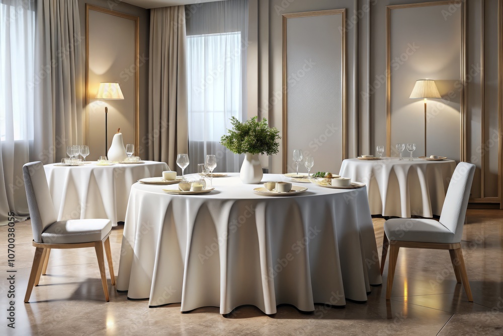 Elegant Modern Dining Tables Set for a Banquet or Holiday Dinner with White Tablecloths and Spacious Copy Area for Customization in a Restaurant Setting Elegant Modern Dining Tables Set for a Banquet or Holiday Dinner with White Tablecloths and Spacious Copy Area for Customization in a Restaurant Setting