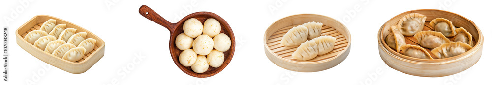 View from the top of a wooden plate of dumplings with a transparent background View from the top of a wooden plate of dumplings with a transparent background