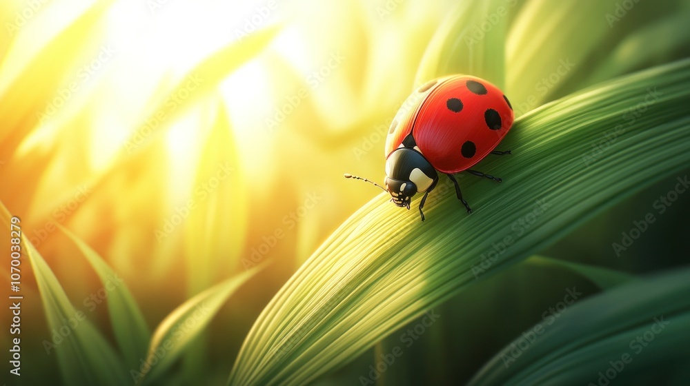 A ladybug crawls along a blade of grass in the sun. A ladybug crawls along a blade of grass in the sun.
