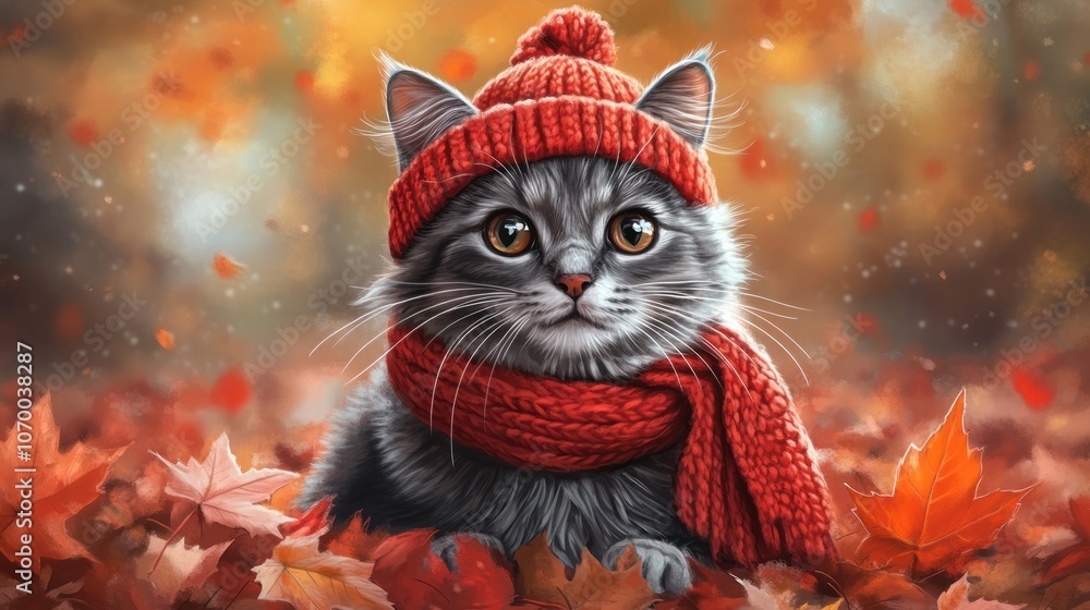 Fototapeta premium A cute gray cat with a red knitted hat and scarf sitting in a pile of autumn leaves.