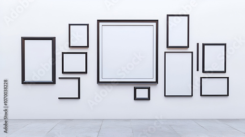 Modern white gallery interior with empty frames on wall. wood photo art frame set on white Black wood blank photo or picture frames on white wall with shadows, decorative wooden picture frames templat