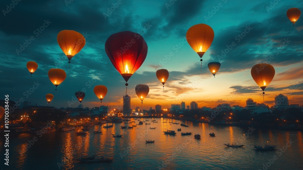 Fototapeta premium A vibrant cityscape at dusk with multiple hot air balloons floating in the sky and a river with boats.