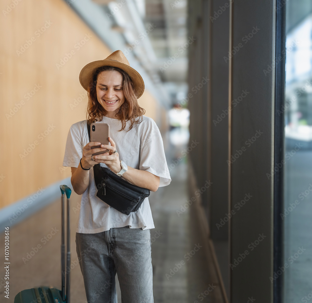 Young happy woman traveler in hat with suitcase at airport or train station waiting for travel