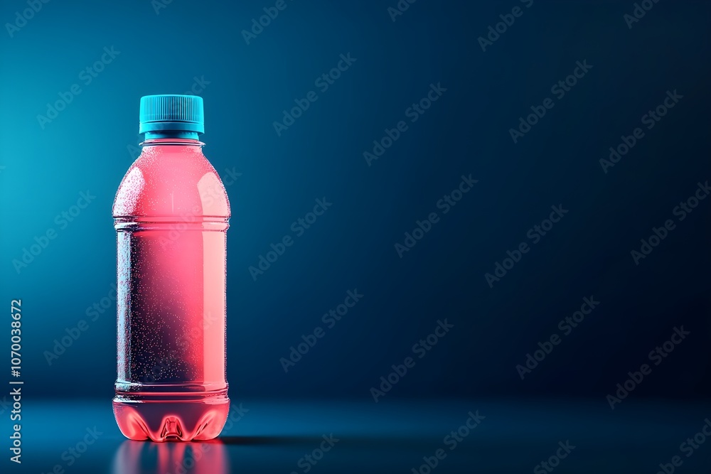 A bottle of water with a blue cap is sitting on a blue surface A bottle of water with a blue cap is sitting on a blue surface