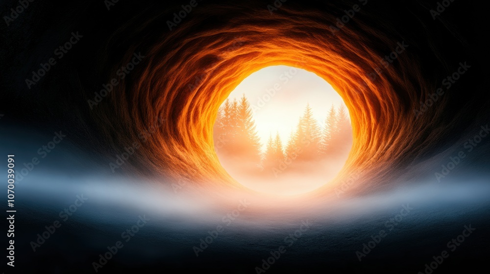 Tunnel view reveals a glowing forest scene with mist and warm light, AI Tunnel view reveals a glowing forest scene with mist and warm light, AI