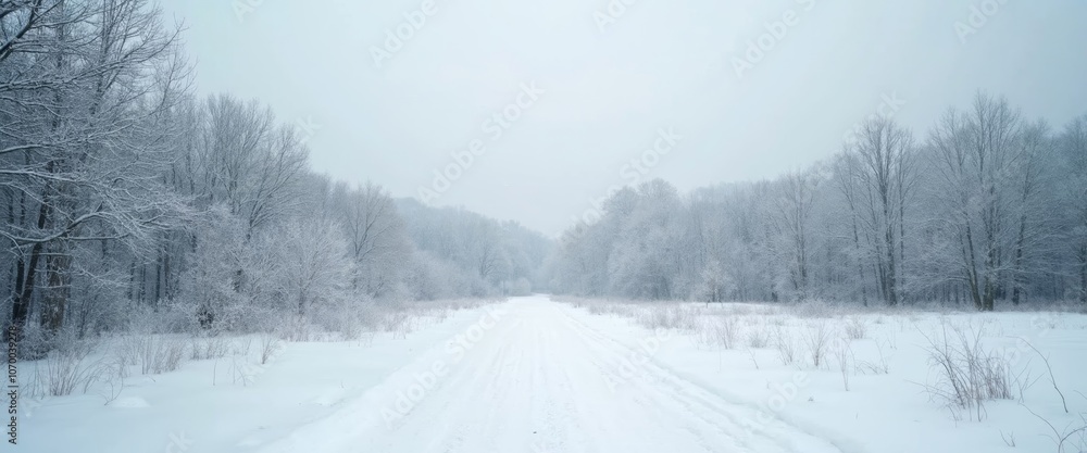 Snowy forest path with fresh snowfall for serene winter landscape photography Snowy forest path with fresh snowfall for serene winter landscape photography