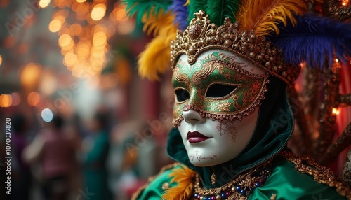 Mardi Gras Carnival Mask and Crown with Festive Decorations and Lights for Social Media Post