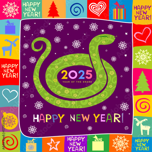 Happy new year 2025, Chinese new year, year of the green snake. Celebration background with snake and place for your text. Art design celebrate party invitation template. Decorate numbers 2025. vector