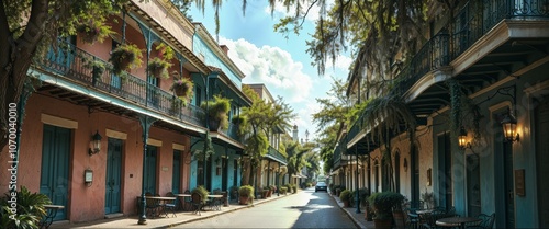 New Orleans French Quarter historic buildings with balconies and wrought iron railings, Spanish moss, colorful architecture for business or travel visuals with copy space