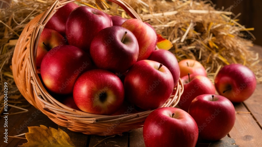 Red apple. Harvesting apples. Ripe juicy apples in a wicker basket against. Fresh organic food from farm Red apple. Harvesting apples. Ripe juicy apples in a wicker basket against. Fresh organic food from farm