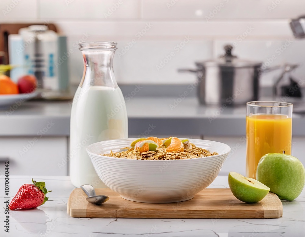Healthy and delicious breakfast at home with cereal, fresh milk and fresh fruit, Healthy and delicious breakfast at home with cereal, fresh milk and fresh fruit,