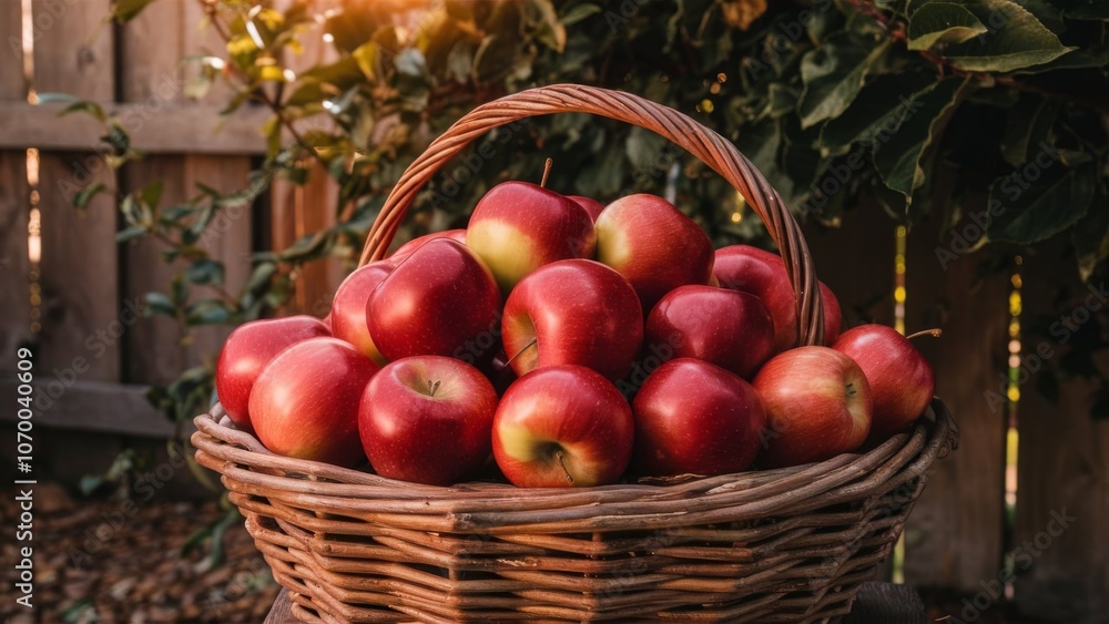 Red apple. Harvesting apples. Ripe juicy apples in a wicker basket against. Fresh organic food from farm Red apple. Harvesting apples. Ripe juicy apples in a wicker basket against. Fresh organic food from farm