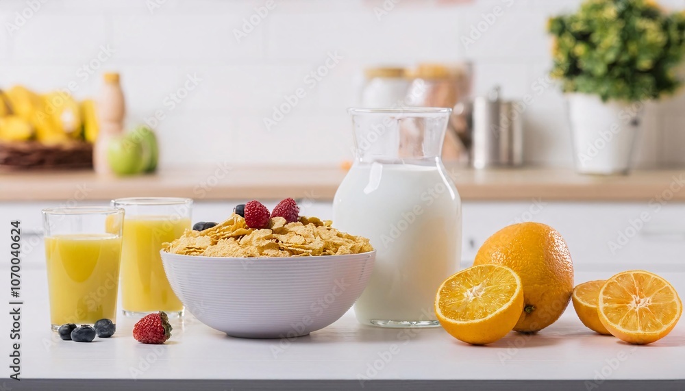 Healthy and delicious breakfast at home with cereal, fresh milk and fresh fruit, Healthy and delicious breakfast at home with cereal, fresh milk and fresh fruit,