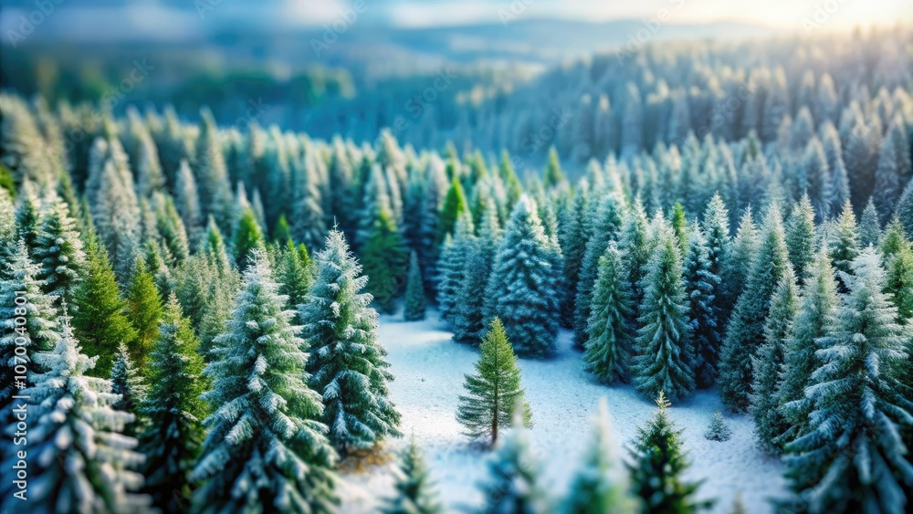A mesmerizing aerial view reveals a snow-blanketed coniferous forest, beautifully accentuated by tilt-shift photography, transforming the scene into a charming winter miniature. A mesmerizing aerial view reveals a snow-blanketed coniferous forest, beautifully accentuated by tilt-shift photography, transforming the scene into a charming winter miniature.