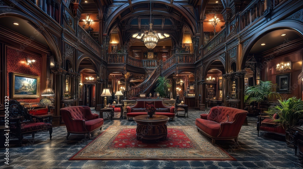 Obraz premium A grand, opulent, and antique interior with high ceilings, intricate woodwork, ornate chandeliers, and plush velvet furniture, all exuding an air of timeless elegance.