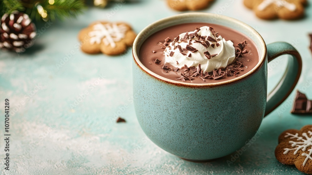 A cozy cup of hot chocolate topped with whipped cream and chocolate shavings, accompanied by festive gingerbread cookies against a light blue background. A cozy cup of hot chocolate topped with whipped cream and chocolate shavings, accompanied by festive gingerbread cookies against a light blue background.