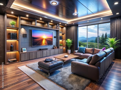 Wallpaper Mural Minimalist Scandifornian Media Room with Built-in Surround Sound, Sleek Design, Cozy Atmosphere, Modern Decor, Natural Light, Stylish Furniture, Serenity, Comfort, Home Theater Experience Torontodigital.ca