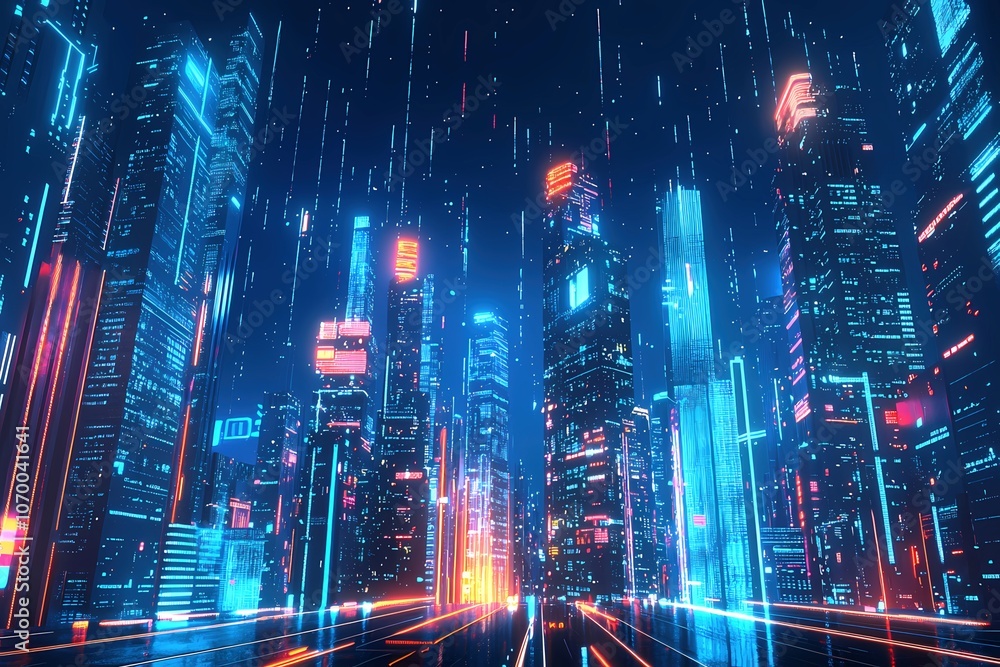 Future city night scene wireframe composed of luminous wiring harness Future city night scene wireframe composed of luminous wiring harness