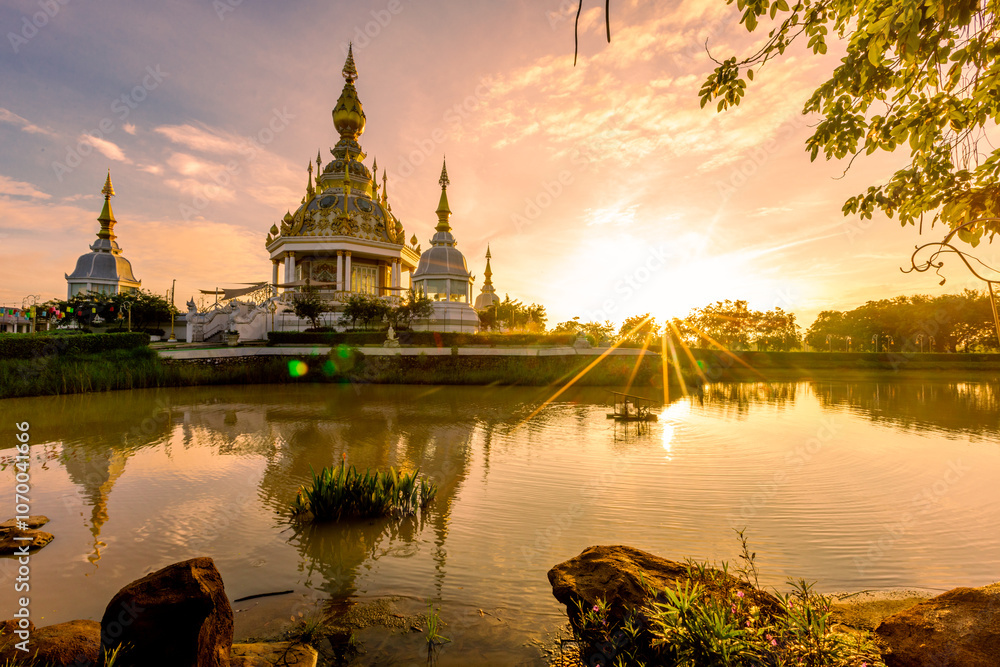 Fototapeta premium The background of an important tourist attraction in Khon Kaen Province (Wat Thung Setthi) is a large pagoda in the middle of a swamp, tourists always come to see the beauty in Thailand