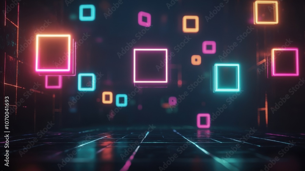 Fototapeta premium Vibrant neon squares floating in a dark, tech-inspired environment create a mesmerizing digital ambiance.