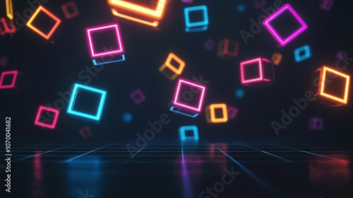 Colorful glowing cubes floating over a dark grid, creating a vibrant and dynamic digital atmosphere.