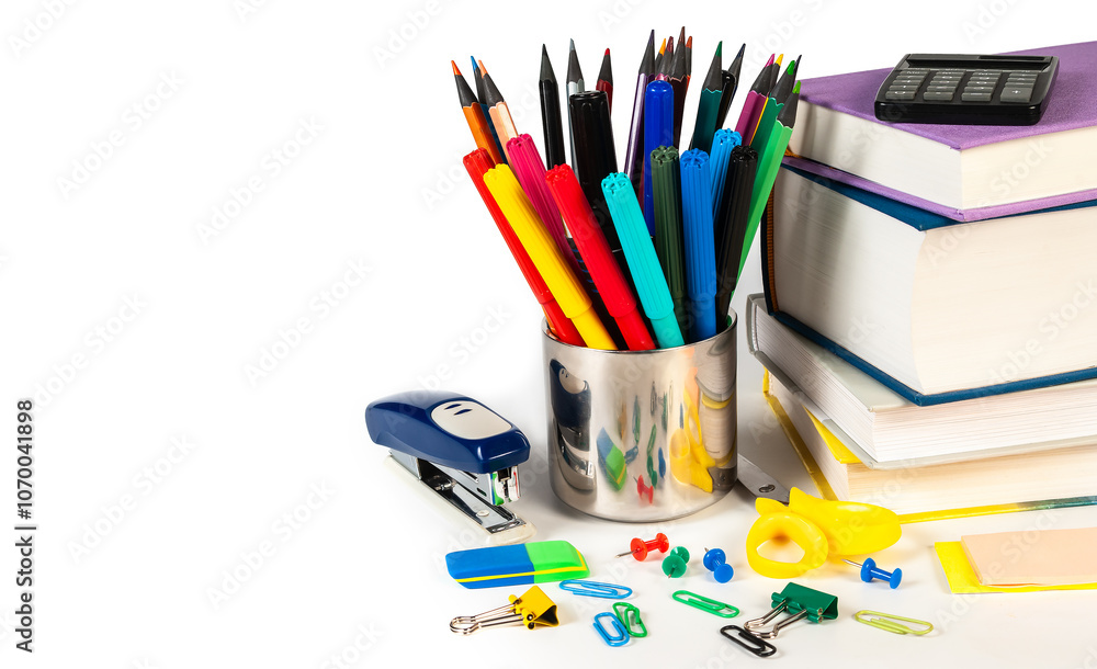 Colorful office supplies including stapler, clips, and push pins Colorful office supplies including stapler, clips, and push pins