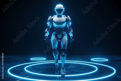 A standing technology robot that glows blue. photo