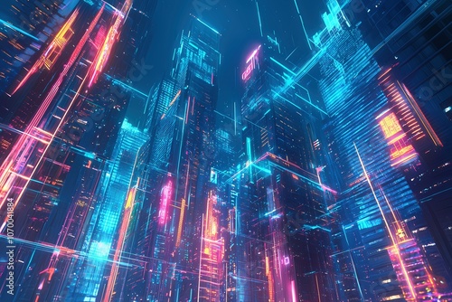 Future city night scene wireframe composed of luminous wiring harness