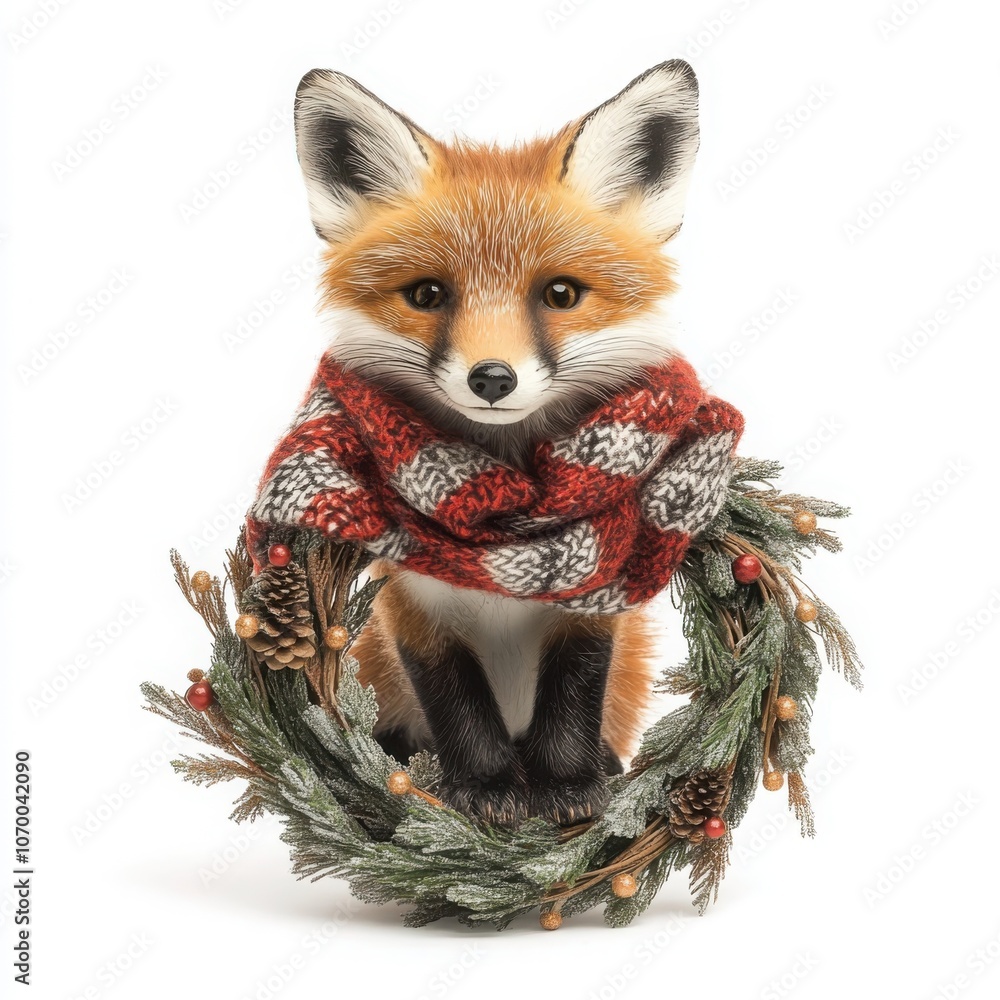 Fototapeta premium Fluffy fox wears festive scarf while sitting beside tiny holiday wreath