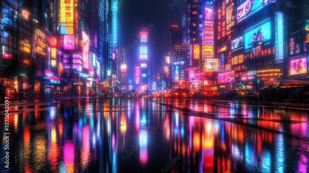 A vibrant night scene of a city street illuminated by colorful neon signs reflecting in wet pavement. A vibrant night scene of a city street illuminated by colorful neon signs reflecting in wet pavement.