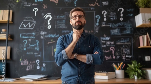 Man analyzing his business plan in front of a chalkboard with question marks and notes