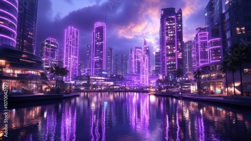 A stunning futuristic cityscape with vibrant purple lights reflecting on the water at dusk.