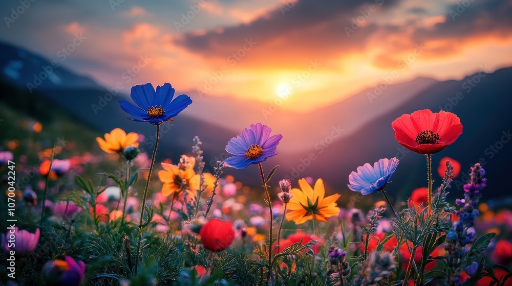 A field of colorful wildflowers blooms in the foreground with a dramatic mountain range and sunset in the background. A field of colorful wildflowers blooms in the foreground with a dramatic mountain range and sunset in the background.