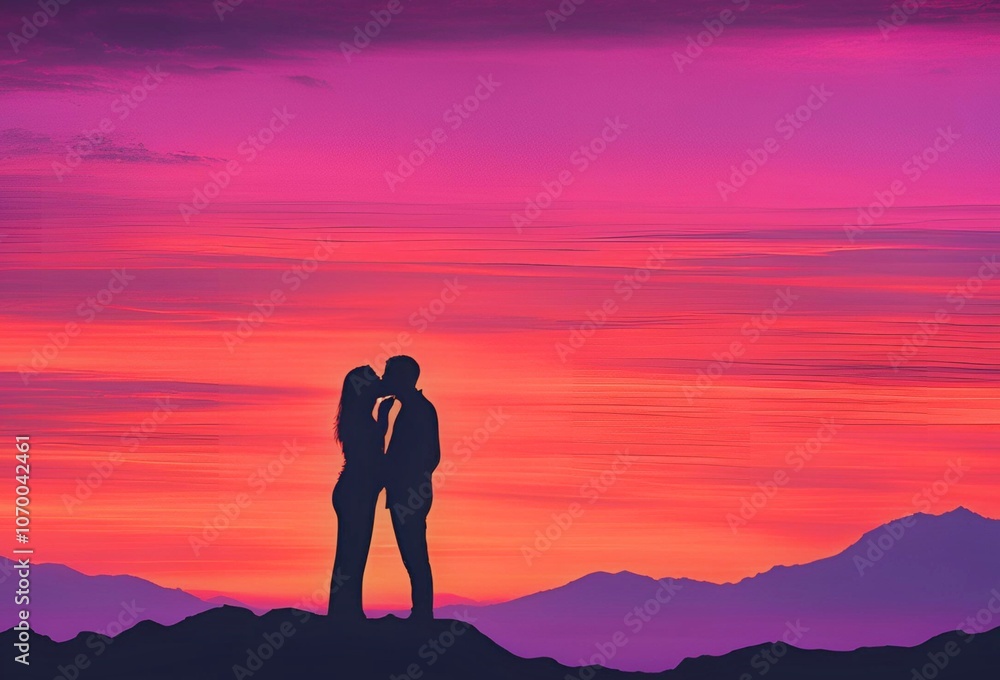 真っ赤な夕焼けでキスをする男女のシルエットのイラスト 真っ赤な夕焼けでキスをする男女のシルエットのイラスト