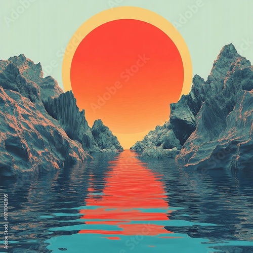 Surreal sunset over jagged mountains reflecting in a tranquil waterway, creating a mesmerizing blend of vibrant orange and cool blue hues.