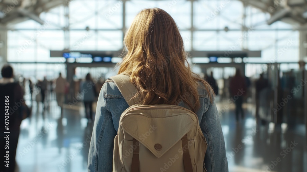 A person with a backpack stands in an airport, gazing at travelers in a busy terminal. A person with a backpack stands in an airport, gazing at travelers in a busy terminal.
