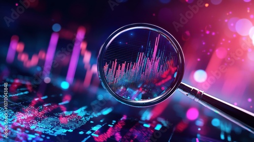 Magnifying glass focusing on a section of a colorful data visualization, representing the importance of data analysis and research in decision-making.