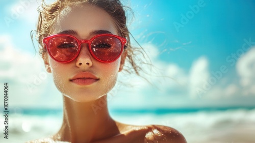 Woman with red goggles at sunny beach scene