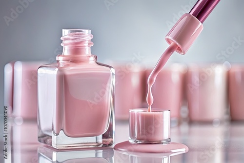 A close-up shot captures pastel pink nail polish gracefully pouring from a brush into a bottle, showcasing the smooth, shimmering texture in exquisite detail.