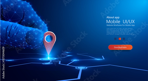 Vector illustration of a polygonal wireframe hand interacting with a digital location pin. Perfect for themes of GPS, navigation, technology, digital maps, and futuristic connectivity.
