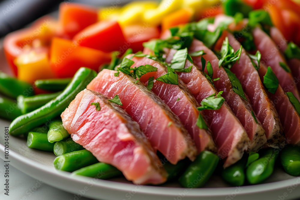 Seared Tuna Salad with Vegetables on a Plate Seared Tuna Salad with Vegetables on a Plate