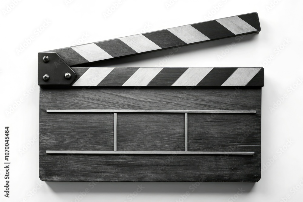 Fototapeta premium A blank black and white wooden clapperboard, isolated on a white background, perfect for film production and photography purposes, adds a classic touch to your project.